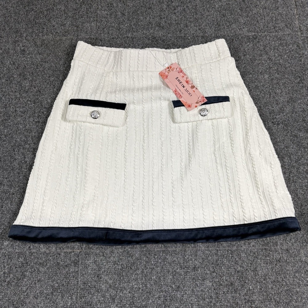SHEIN MOD‎ Colorblock Knit Flip Skirt Women's White Navy Elastic Waist Pull On M